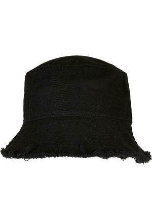 Chapeau seau noir en velours côtelé, avec un large bord aux bords effilochés et un sommet structuré. La surface texturée ajoute un intérêt visuel.