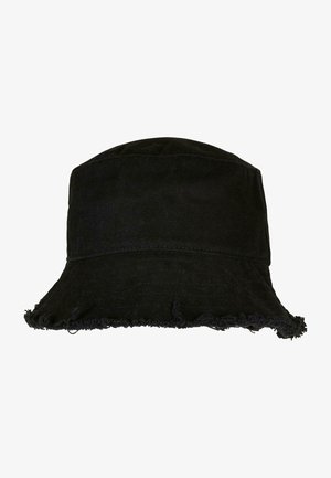 Chapeau seau noir en velours côtelé, avec un large bord aux bords effilochés et un sommet structuré. La surface texturée ajoute un intérêt visuel.
