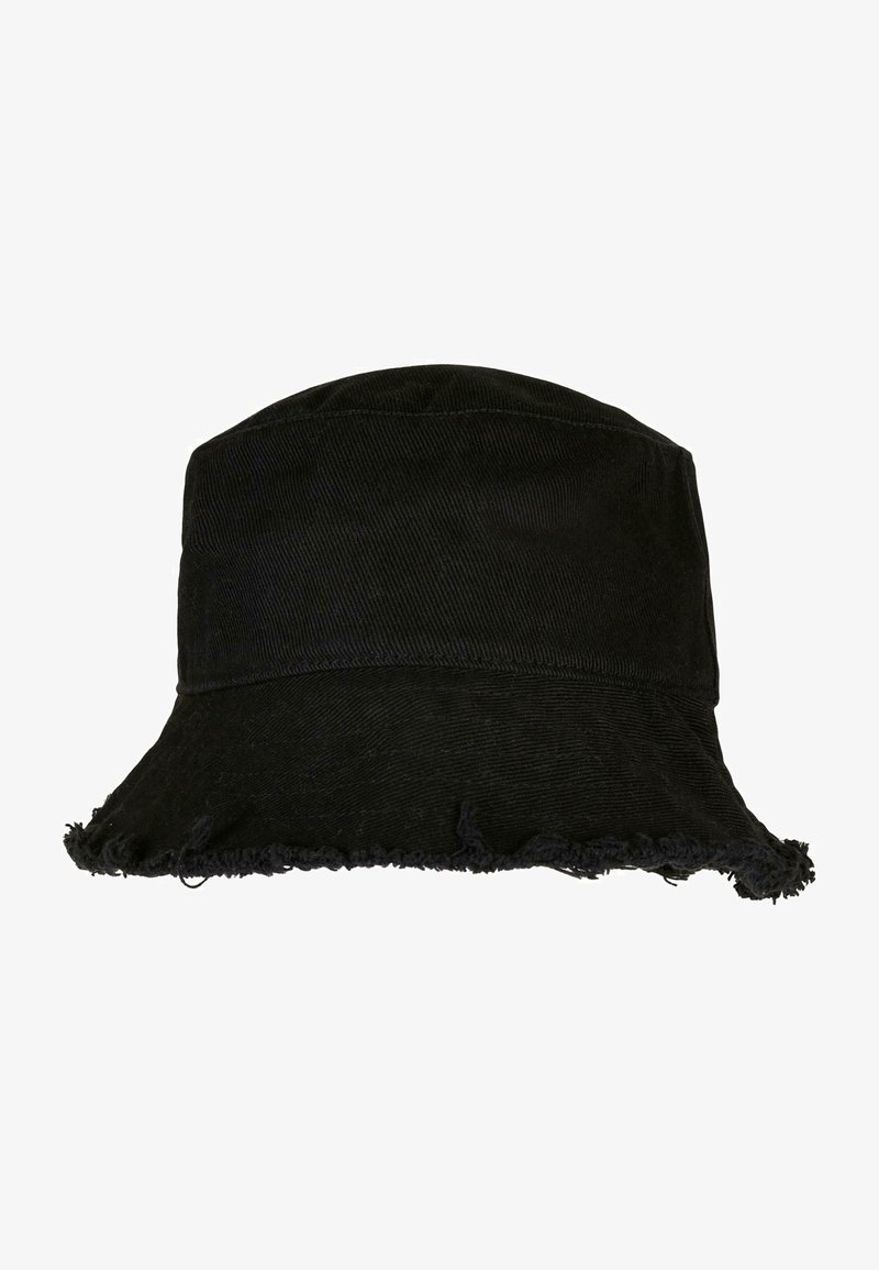 Črn klobuk iz kordura, ki ima širok obod z razfrčenimi robovi in strukturirano zgornjo stran. Teksturirana površina povečuje vizualno zanimivost.
