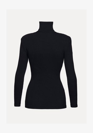 Musthave tumeroheline pikkade varrukatega, keha poolest mugav ja soonilise tekstuuriga, nähtud tagant neutraalsel heledal taustal.