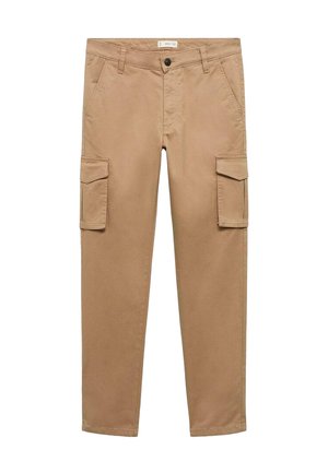 Pantaloni cargo beige con due grandi tasche laterali, chiusura frontale con bottone e design a gamba dritta. Realizzati in resistente tessuto di cotone.