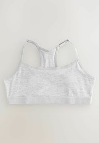 Grauer Baumwoll-Sport-BH mit Racerback-Design. Verfügt über eine weiche Textur und ein flaches elastisches Band mit dem "NEXT"-Logo am unteren Rand.