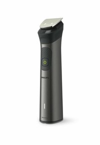 Philips trimmer with a sleek gray body, textured grip, and a silver, ridged shaving head. Features a power button and "Wet & Dry" label.