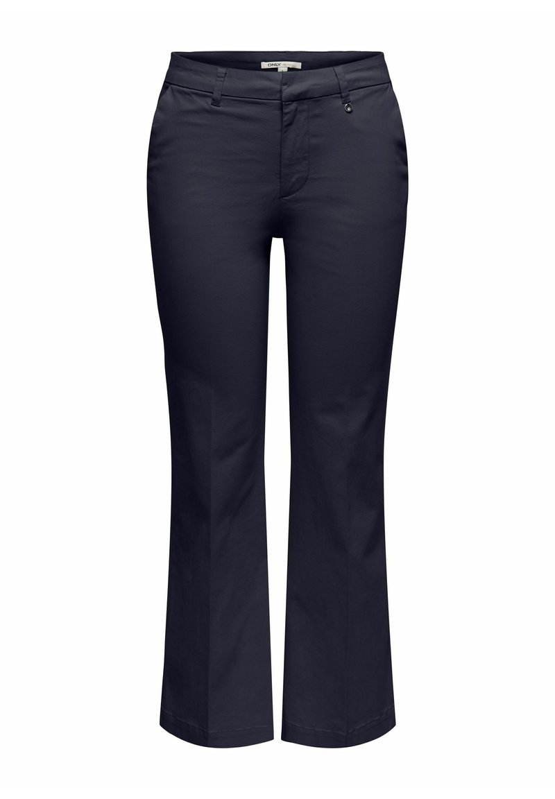 Pantalon bleu marine à jambe droite avec passants de ceinture, fermeture éclair à l'avant, fermeture par bouton et petit détail de poche avant.