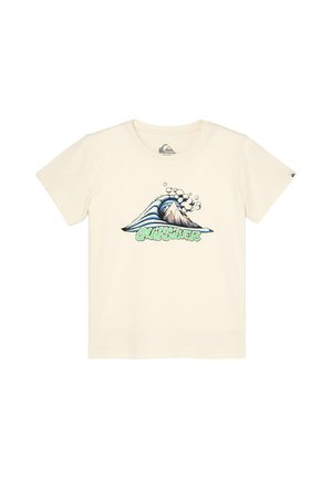 Kremowy T-shirt z krótkim rękawem z grafiką niebieskiej fali i góry nad zielonym tekstem "Quiksilver" z przodu.