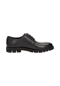 Chaussure habillée en cuir noir avec une finition lisse, bout rond et semelle en caoutchouc robuste avec des crampons profonds pour une meilleure adhérence. Lacets à six œillets.