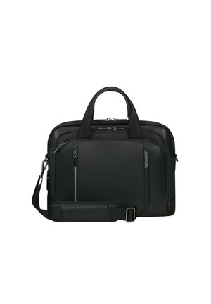 Black laptop bag features a textured surface, double handles, adjustable shoulder strap, and multiple zippered compartments for organization.