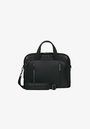 Black laptop bag features a textured surface, double handles, adjustable shoulder strap, and multiple zippered compartments for organization.