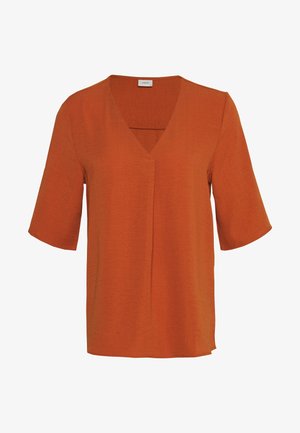 Krátká halenka s krátkým rukávem v barvě rezavé oranžové s výstřihem do V a předním záhybem, vyrobená z lehké tkaniny.