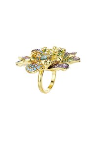 Goldring mit floralen Design und mehrfarbigen Edelsteinen, darunter Blau, Pink und Grün. Aufwendige Details an Blütenblättern und Blättern.