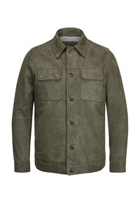 Olivgrüne Cordjacke mit spitzem Kragen, Druckknopfverschluss, zwei Brusttaschen und gerippten Bündchen.