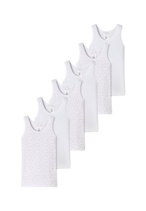 Fünf ärmellose Tops aus weißer Baumwolle, mit einer Mischung aus einfarbigen Designs und einem Modell mit kleinen rosa Punkten. Klassischer ärmelloser Schnitt.