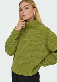 Groene gebreide trui met een hoge kraag, textuurpatroon, geribde manchetten en zoom. De stof lijkt zacht en chunky in ontwerp.