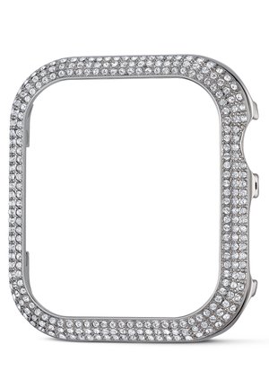 Kwadratowa srebrna ramka smartfona wysadzana wieloma rzędami małych, przezroczystych, okrągłych kryształków na białym tle.