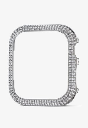 Cadre carré en argent pour montre connectée, serti de plusieurs rangées de petits cristaux ronds clairs sur fond blanc.