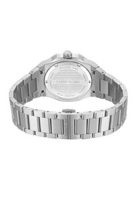 Reloj de acero inoxidable con diseño de pulsera, caja octagonal y parte trasera recubierta de zafiro; logo grabado y resistente al agua hasta 50 metros.