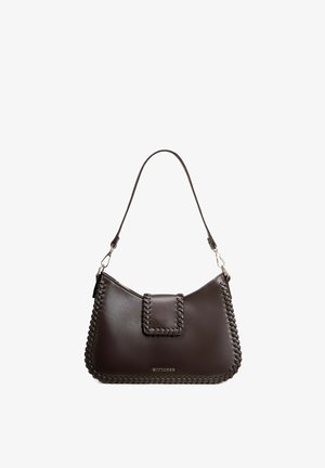 Dunkelbraune Lederschultertasche mit geflochtenen Kanten, Klappverschluss und goldenem "WITTCHEN"-Logo vorne.