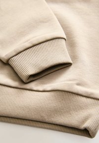 Beež sweatshirt ribatatud varrukatega ja siledast, pehmest materjalist. Kangas näib kerge, varrukate lähedal on nähtavad õmbluste detailid.