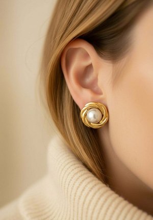 Oorbel met goudkleurig gedraaid ontwerp en een opvallende witte parel in het midden, geplaatst tegen een wazige achtergrond met neutrale tinten.