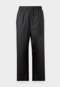 Črne dežne hlače iz lahko, gladkega materiala. Imajo elastičen pas z vrvico in ohlapen kroj.