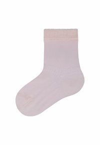 Calzino alla caviglia di colore rosa chiaro con bordo a costine, texture liscia, punta senza cuciture e forma aderente per il massimo comfort. Materiale leggero e traspirante.