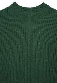 Gestreifter grüner Pullover mit hohem Kragen, aus einem weichen Strickstoff gefertigt, der vertikale Linien für Textur und Musterdetails aufweist.