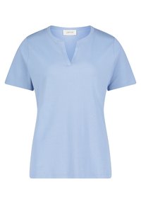 Světlomodré tričko s krátkým rukávem vyrobené z měkké tkaniny, s výstřihem do V a jednoduchým, nezdobeným designem.