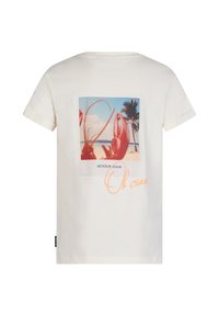 Kremowa bawełniana koszulka z grafiką homara i palmą, z tekstem "RETOUR JEANS" i "Ok ciao." w kolorze pomarańczowym.