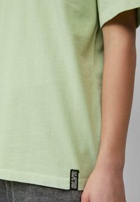 Lichtgroen katoenen t-shirt met korte mouwen, met een gestikt zwart label met de tekst "SLVR" nabij de zoom. Zachte textuur, ontspannen pasvorm.