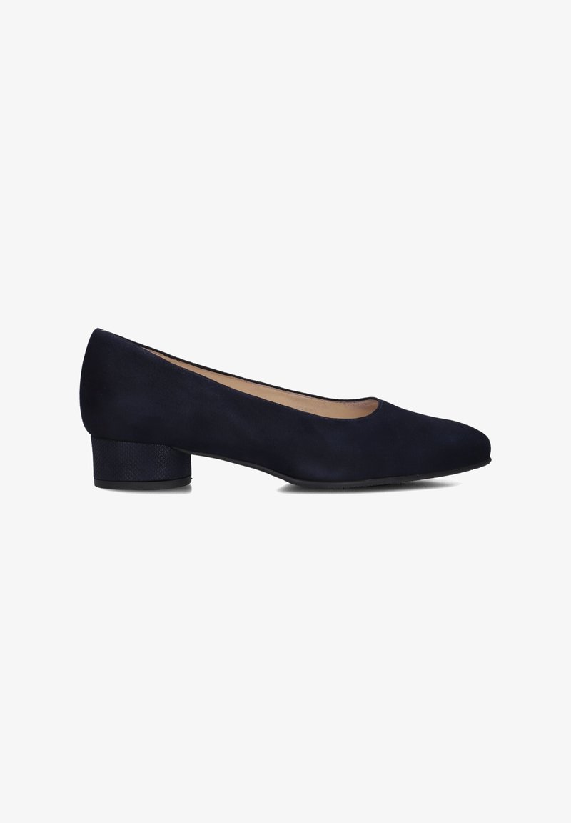 Navy blue suede ballet flat with a rounded toe and a low textured heel. Smooth texture, simple design, suitable for formal or casual wear.