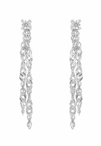 Pendientes de cadena de plata con un diseño en cascada, que cuenta con eslabones entrelazados y un acento de piedra en la parte superior. Acabado de alto pulido.