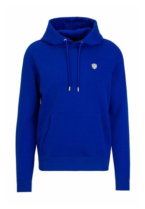 Blauwe hoodie van zachte stof, met een voorzak, trekkoordkap en een klein embleem op de borst. Ongedefinieerde manchetten en zoom.