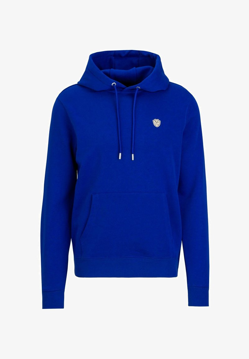 Blaues Hoodie aus weichem Stoff, mit einer Vordertasche, Kapuze mit Kordelzug und einem kleinen Emblem auf der Brust. Unfertige Bünchen und Saum.