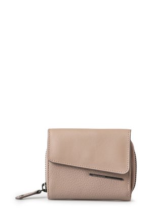 Compact beige leather wallet with textured lower section, flap closure, and zipper on the side with a leather pull tab.