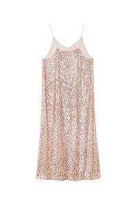 Robe à sequins rose gold avec des bretelles fines et un panneau supérieur en tulle transparent, suspendue sur un fond blanc.