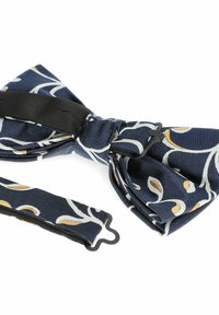 Granatowy muszka z teksturowanej tkaniny z białymi i złotymi wzorami kwiatowymi. Zawiera czarny regulowany pasek i klamrę do zapięcia.