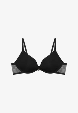 Czarny biustonosz o gładkim, wyściełanym fasonie. Posiada siatkowe akcenty po bokach oraz mały złoty detal na środku. Regulowane ramiączka.