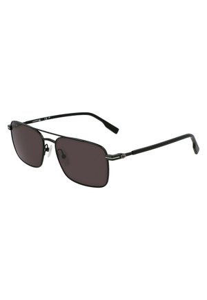 Black rectangular sunglasses with dark lenses. Slim metal frame with a matte finish. Includes nose pads and curved temples.