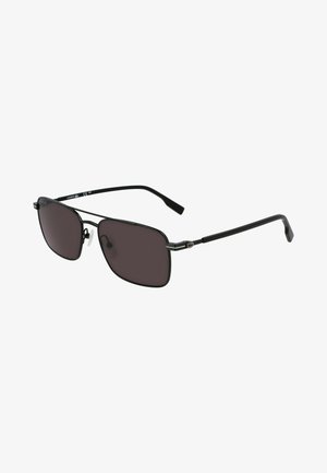 Schwarze rechteckige Sonnenbrille mit dunklen Linsen. Schlanker Metallrahmen mit matter Oberfläche. Mit Nasenpads und gebogenen Bügeln.