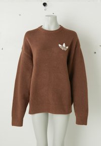 Καφέ μακρυμάνικο πλεκτό πουλόβερ με ριμπ μανσέτες και τελείωμα, με μικρό λευκό λογότυπο στο αριστερό στήθος, εμφανιζόμενο σε μακάβριο μανεκέν.