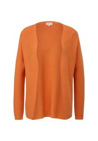 Orangene Strickjacke mit offenem Vorderteil, langen Ärmeln und einer strukturierten Musterung. Leichtes Material, ideal zum Layering.