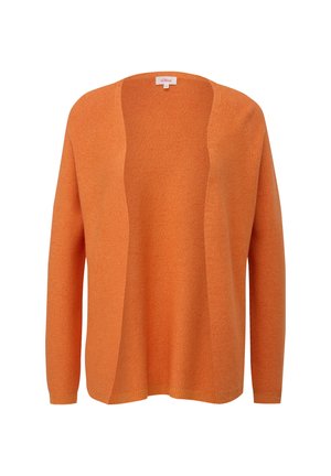 Orangene Strickjacke mit offenem Vorderteil, langen Ärmeln und einer strukturierten Musterung. Leichtes Material, ideal zum Layering.