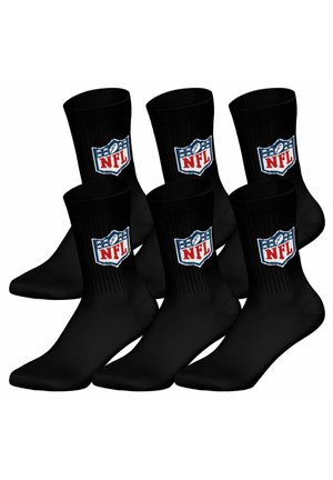 Sechs Paar schwarze Crew-Socken mit dem NFL-Logo, einem weißen Football und roten Buchstaben am Bündchen.