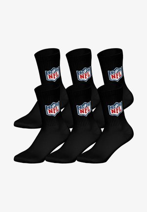 Sechs Paar schwarze Crew-Socken mit dem NFL-Logo, einem weißen Football und roten Buchstaben am Bündchen.