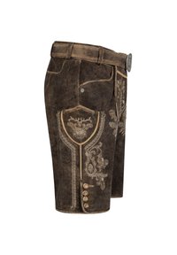 Shorts en cuir marron avec des broderies blanches complexes, présentant une taille structurée, des boutons décoratifs et des panneaux distincts.