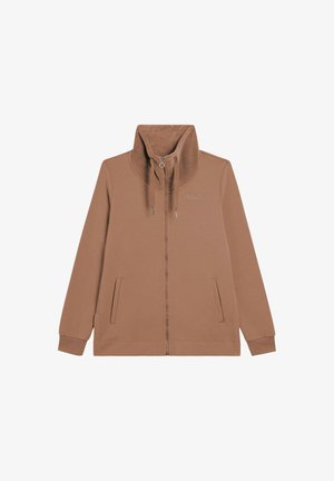 Haut à capuche zippé marron en tissu doux, doté d'un col haut, de poches à l'avant et d'accents à cordon de serrage. Le logo de la marque est brodé sur la poitrine.
