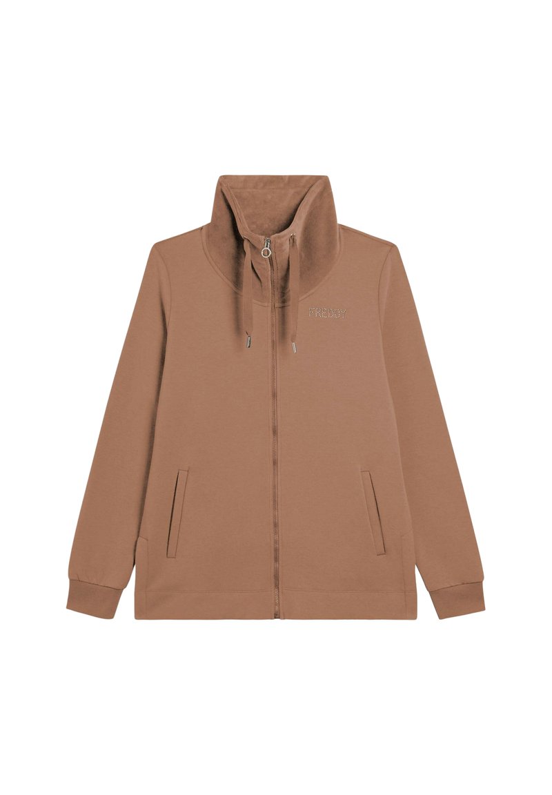 Haut à capuche zippé marron en tissu doux, doté d'un col haut, de poches à l'avant et d'accents à cordon de serrage. Le logo de la marque est brodé sur la poitrine.