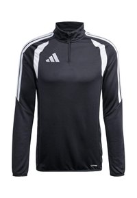 Μαύρο αθλητικό πουλόβερ με μισό φερμουάρ και μακριά μανίκια, καθώς και άσπρες πλευρικές ρίγες. Φτιαγμένο από μαλακό και ελαφρύ υφασμά. Διαθέτει το λογότυπο της Adidas.