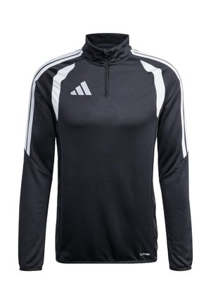 Musta urheilupusero, jossa on neljänneksen vetoketju kauluksessa, pitkät hihat ja valkoiset sivuraidat. Valmistettu sileästä, kevyestä kankaasta, jossa on Adidas-logo.