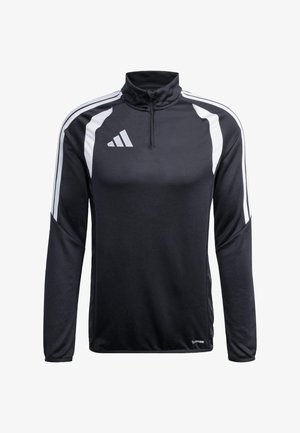 Schwarzer sportlicher Pullover mit einem Viertel-Reißverschlusskragen, langen Ärmeln und weißen Seitenstreifen. Hergestellt aus glattem, leichtem Stoff mit einem Adidas-Logo.